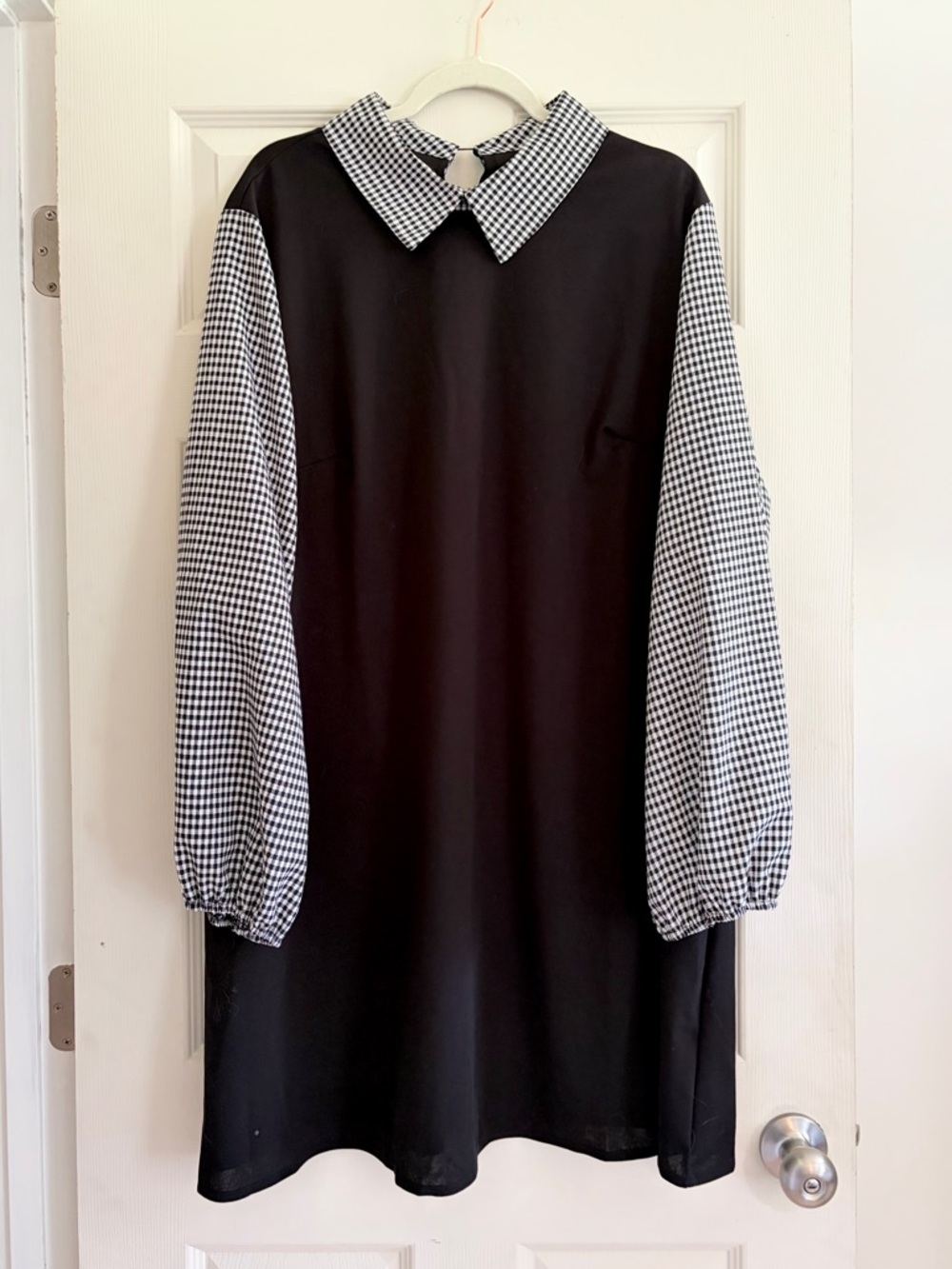 Boohoo Black & White Checkered Dress with Long Puff Sleeves